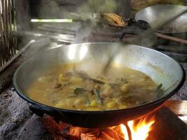 el proceso de Cocinando rendang o carne de vaca y pollo curry utilizando el tradicional método, Cocinando utilizando leña foto