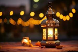 AI generated Ornamental Arabic lanterns. Glittering golden bokeh lights on the table photo