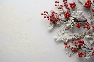 ai generado Navidad composición de abeto árbol ramas con regalos en blanco mármol antecedentes foto