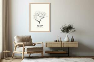 AI generated 3d rendered Minimal style Modern living room interior design with chair with blank poster photo