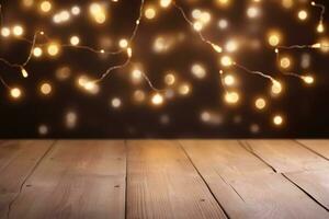 AI generated Christmas wooden table mockup with blurred christmas-tree, lights and bokeh background. Festive template banner with creative bauble decoration and copy space. photo