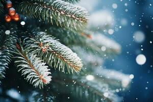 AI generated Snowflakes settling on pine branches under soft winter moonlight photo