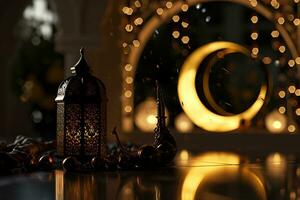 AI generated 3d rendered Ornamental Arabic lantern glowing invitation for Muslim holy month Ramadan Kareem photo