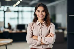 AI generated Portrait of successful and happy businesswoman, office worker smiling and looking at camera with crossed arms, working inside modern office. photo