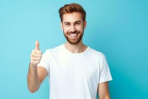 AI generated Portrait of cheerful man smiling and showing thumb up over blue background photo