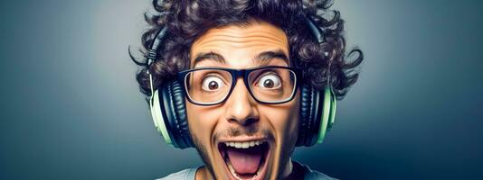 AI Generated a happy expression on the face of a student listening to music in headphones photo