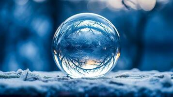 ai generado cristal pelota en Nevado superficie reflejando desnudo arboles en contra crepúsculo. foto