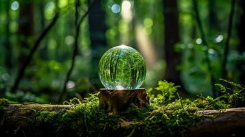 AI Generated mystical scene in a sun-dappled forest, where a crystal ball rests on a rustic wooden stand covered with moss, capturing and reflecting the lush greenery of the woods in its surface photo