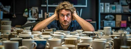AI Generated Overwhelmed person surrounded by a multitude of coffee cups, addiction to caffeine, energy to debt photo