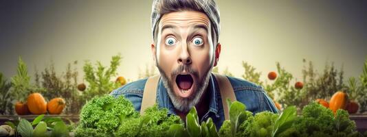 AI Generated gardener with an astonished expression, possibly amazed by the growth or beauty of his garden. The background is filled with lush greenery and ripe vegetables photo