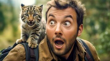 AI Generated man with a surprised expression as a baby clouded leopard perches on his shoulder, both looking startled in a forest setting photo