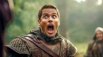 AI Generated man in medieval armor with an exaggerated, astonished expression, his mouth wide open, set against a blurred forest background, suggesting a scene of shock in a historical or fantasy photo