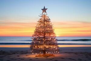 ai generado Navidad árbol hecho con madera palos en el playa a puesta de sol foto
