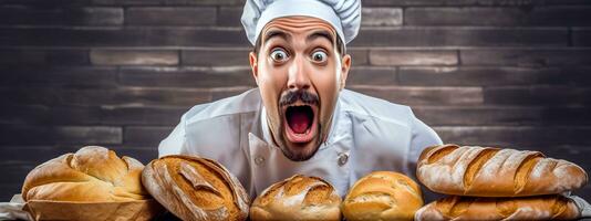 ai generado un panadero en blanco del chef atuendo miradas en temor, rodeado por un formación de recién horneado pan, su cara un imagen de sorpresa, quizás a el Perfecto subir de su último lote foto