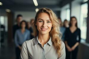 ai generado retrato de exitoso y contento mujer de negocios, oficina trabajador sonriente y mirando a cámara, trabajando dentro moderno oficina. foto