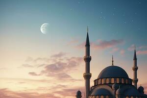 AI generated Ramadan Kareem. Tall minarets, mosque dome and crescent and shining star in the sky. Religious background. photo