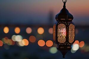 AI generated lantern with dusk sky and city bokeh light background photo