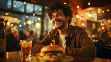 AI generated Young man standing in front of a hamburger at the table in a hamburger restaurant photo