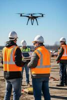 ai generado civil ingenieros visita construcción con zumbido. generativo ai foto