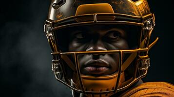 AI generated the head of a american football player is in a metal helmet photo