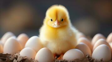 AI generated young chick standing amongst eggs photo