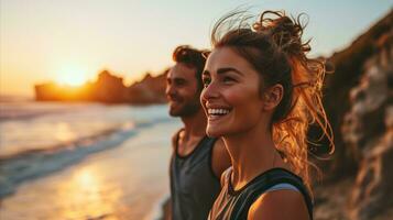 AI generated Young couple doing sports by the beach photo