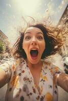 AI generated Surprised and running woman taking selfie photo