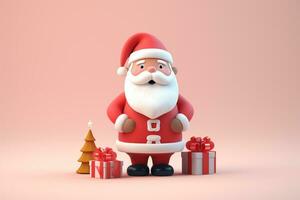 AI generated 3d rendered minimal santa clause with christmas tree and gifts on pastel background photo