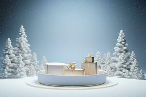 AI generated 3d rendered white and snowy Podium display for merry Christmas event photo