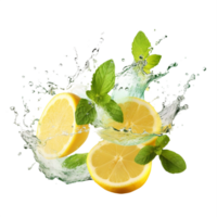 ai generato fresco limoni e menta con acqua spruzzo isolato su trasparente sfondo png