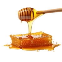 AI generated Golden Honey Dripping from Wooden Dipper into Jar Isolated on Transparent Background png