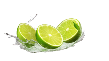 AI generated Fresh Limes with Water Splash Isolated on transparent Background png