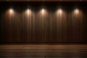 AI generated 3d rendered empty wooden room with lights and copy space photo