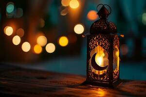 ai generado ornamental Arábica linterna con ardiente vela brillante a noche invitación para musulmán santo mes Ramadán kareem foto