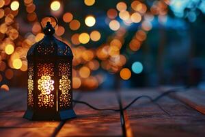 AI generated Ornamental Arabic lantern with burning candle glowing at night invitation for Muslim holy month Ramadan Kareem photo