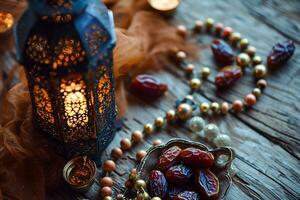 AI generated top view Ramadan Kareem mockup. Bronze plate with dates fruit, olive branches, glowing white marble table. photo