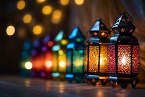 ai generado vistoso Arábica linterna brillante para musulmán santo mes Ramadán kareem foto