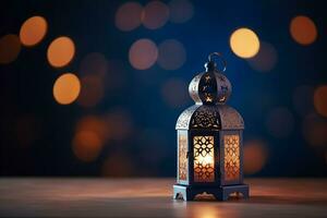 AI generated Ornamental Arabic lantern glowing on table for Muslim holy month Ramadan Kareem photo