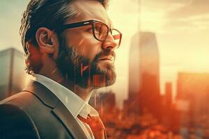 AI generated Double exposure of businessman and city. photo