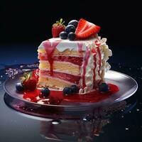 AI generated delicious cake with chocolate and berries on the table photo