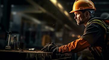 AI generated hard worker with at the work, hard worker portrait, factory worker, construction site worker photo