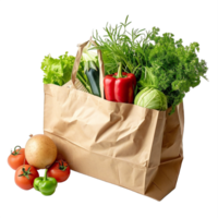 ai généré épicerie sac avec Frais légumes, pain, et l'eau bouteille isolé sur transparent Contexte png