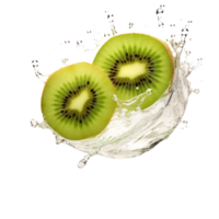 ai generado rebanado kiwi con agua chapoteo aislado en transparente antecedentes png