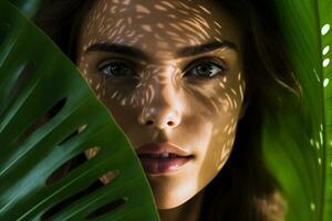 AI generated closeup shot of a beautiful young woman face covered with leaves generative AI photo