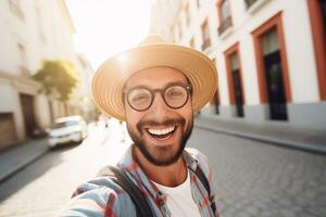 AI generated travel blogger influencer wearing glasses shooting video about travelling photo