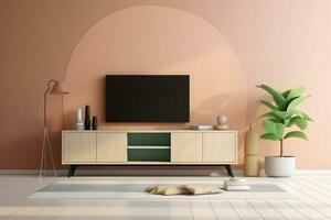 AI generated 3d rendered Minimal style Modern tv led on the cabinet in modern living room on pastel background photo