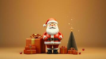 AI generated 3d rendered minimal santa clause with christmas tree and gifts on pastel background photo