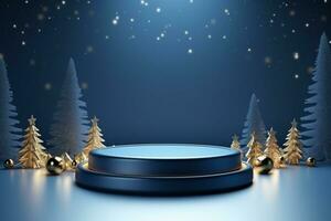 AI generated merry Christmas 3d rendered red Podium display for event photo