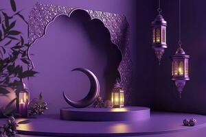 ai generado 3d prestados ornamental Arábica linterna brillante invitación para musulmán santo mes Ramadán kareem foto