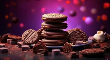 AI generated sweets on the abstract background, cookies on the table, sweets, chocolate, colorful background, delicious sweets, sweet background banner photo